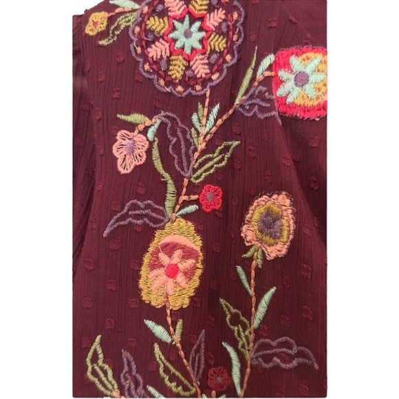Zara Floral Embroidered Boho Maroon Dress | Fall Dresswear | Knee-Length Sz 8 - Picture 3 of 5